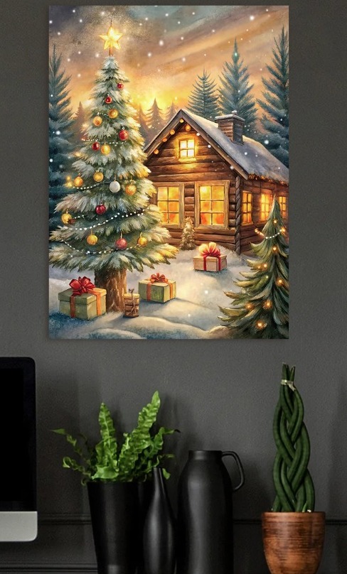 Christmas Cabin in Snowy Woods — metal poster wall art by Lineer